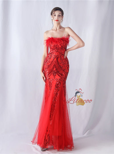 Mermaid Seuqins Tulle Feather Prom Dress
