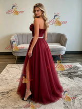 Bugrundy Tulle Strapless Pleats Flower Prom Dress