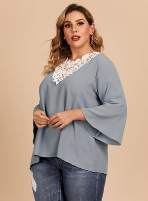 Trumpet Sleeve Lace V-neck Solid Color Loose Top