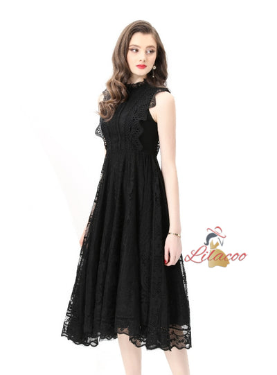 Retro Sleeveless Lace Gauze Long Dress
