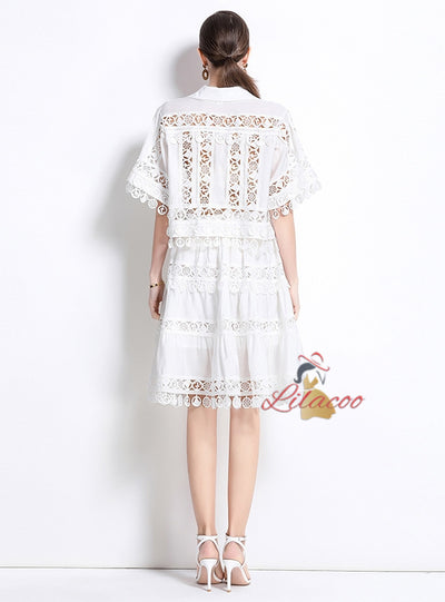 Retro Lapel Lace Shirt+Skirt Suit