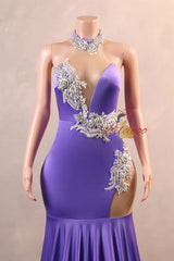 Purple Mermaid Halter Crystal Prom Dress