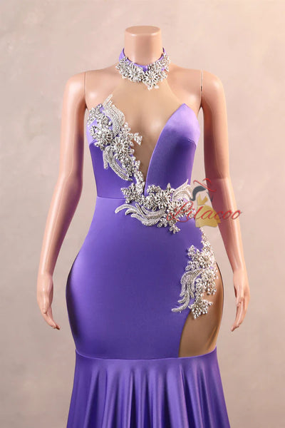 Purple Mermaid Halter Crystal Prom Dress