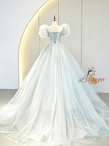 Light Blue Tulle Sequins Puff Sleeve Pleats Prom Dress