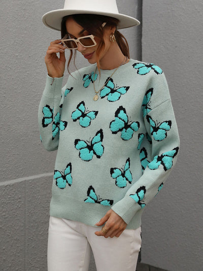 Printed Butterfly Round Neck Loose Sweater