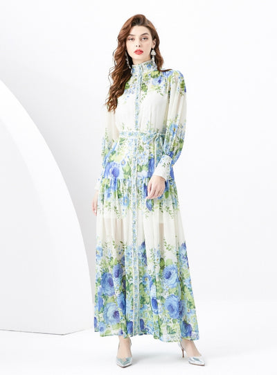 Retro Long-sleeved Slim Breasted Printed Dress