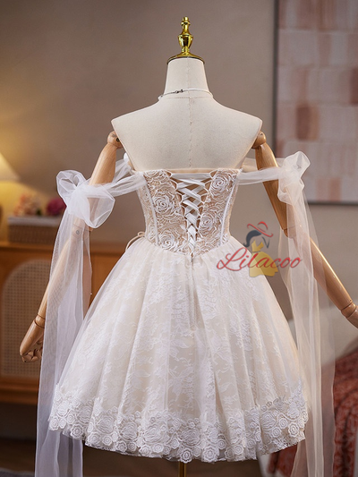 White Lace Off the Shoulder Flower Wedding Dress