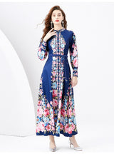 Retro Printed Long Sleeve Slim Dress