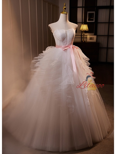 White Tulle Strapless Pleats Wedding Dress