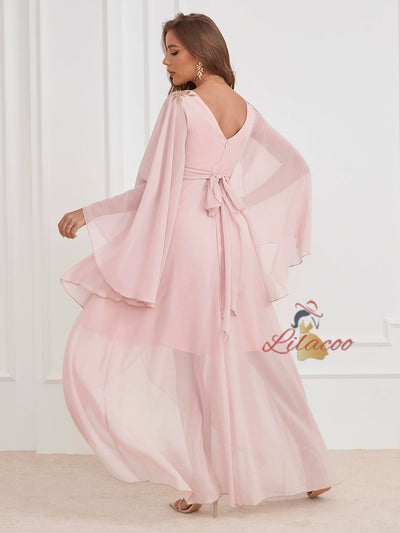 Pink Chiffon V-neck Prom Dress