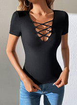 V-neck Hollow Slim Short Sleeve T-shirt