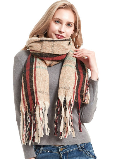 Women Plaid Fringed Scarf Shawl