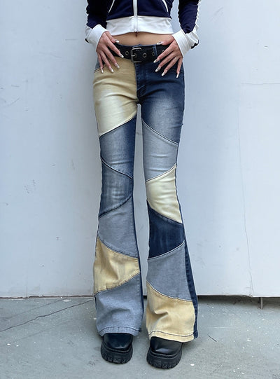 Multi-color Stitching Irregularly Washed Jeans