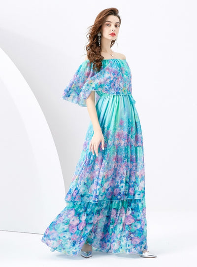 Lotus Leaf Printed Long Cake Dress