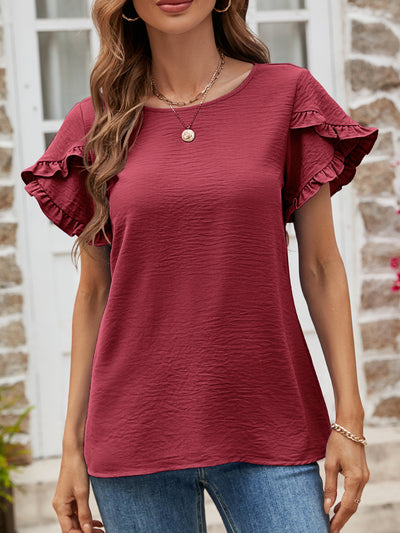 Solid Color Round Neck Lace Short Sleeve T-shirt