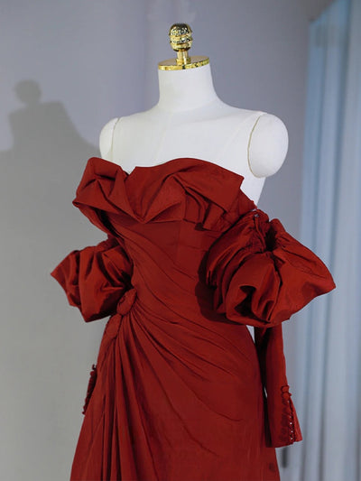 Burgundy Long Sleeve Pleats Prom Dress