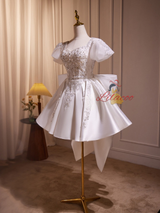 White Satin Puff Sleeve Sequins Beading Wedding Dress