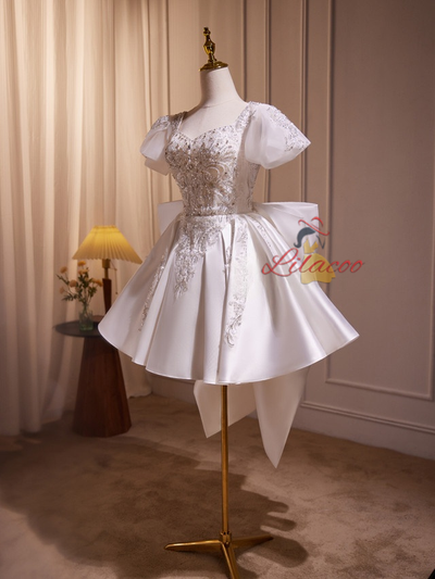 White Satin Puff Sleeve Sequins Beading Wedding Dress