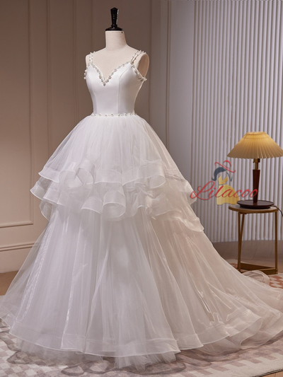 White Tulle Straps Pearls Wedding Dress