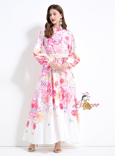 Long Lantern Sleeve Printed Dress