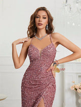 Pink Sequins V-neck Pleats Prom Dress
