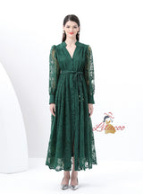 V-neck Lace Single-breasted Long Dress