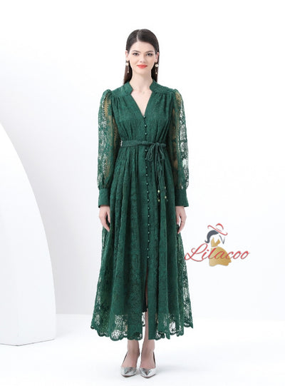 V-neck Lace Single-breasted Long Dress