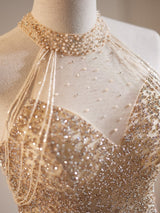 Champagne Sequins Halter Bow Prom Dress