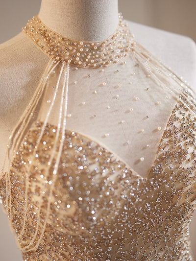 Champagne Sequins Halter Bow Prom Dress