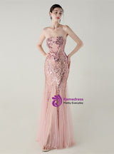 Mermaid Tulle Sequins Strapless Beading Prom Dress