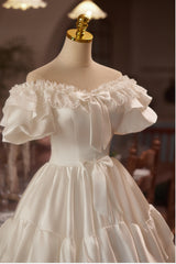 White Satin Lace Short Sleeve Wedding Dress
