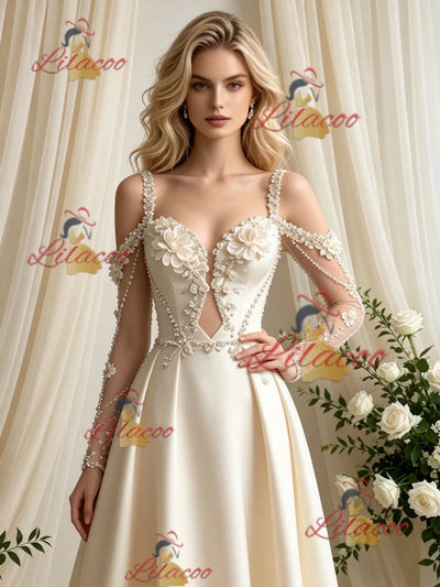 Ivory Satin Long Sleeve Flower Wedding Dress