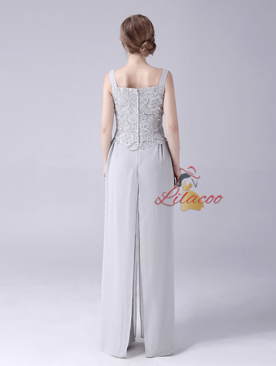 Gray Chiffon Lace Mother Of The Bride Dress