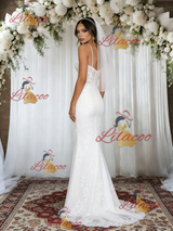 White Mermaid Lace Spaghetti Straps Wedding Dress