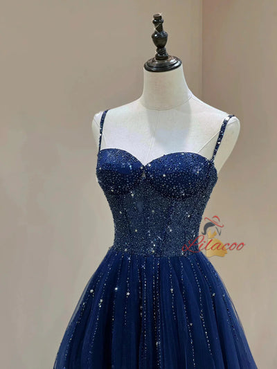 Blue Spaghetti Straps Tulle Beading Prom Dress