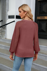 Waffle Lace Stitching Long Sleeve V-neck T-shirt