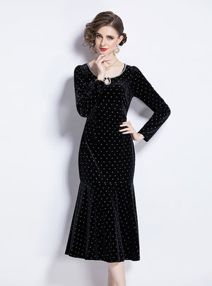 Retro Polka-dot Velvet Dress