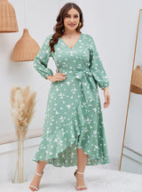 Butterfly Printed Ruffled Long-sleeved V-neck Dress