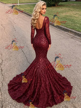 Burgundy Sequins Long Sleeve Prom Dress