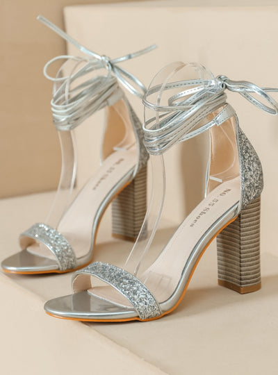Strapped Sequined Thick Heel Sandals