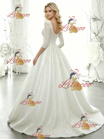 White Short Sleeve Sequins Wedding Dres