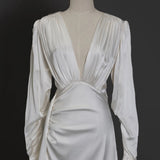 White Satin Long Sleeve V-neck Wedding Dress