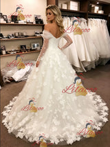 White Tulle Long Sleeve Flower Wedding Dress