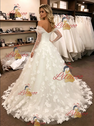 White Tulle Long Sleeve Flower Wedding Dress