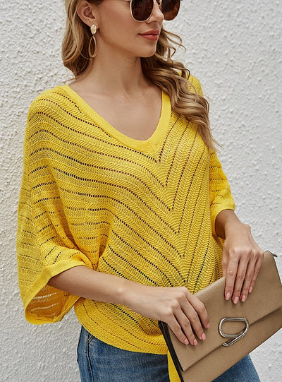 V-neck Short-sleeved Bat Hollow Top