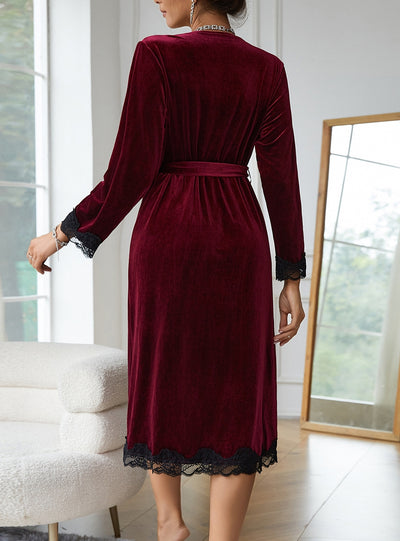 Lace Long Sleeve Velvet Robe Bathrobe