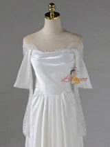 White Satin Lace Pleats Wedding Dress