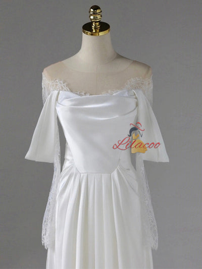 White Satin Lace Pleats Wedding Dress