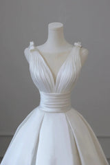 White Satin Pleats See Through Neck Wedding Dress