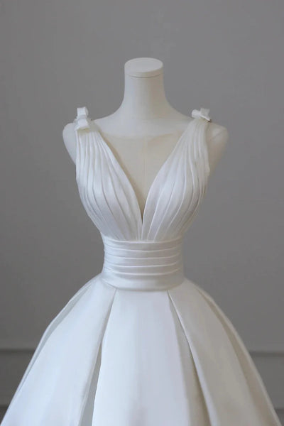 White Satin Pleats See Through Neck Wedding Dress
